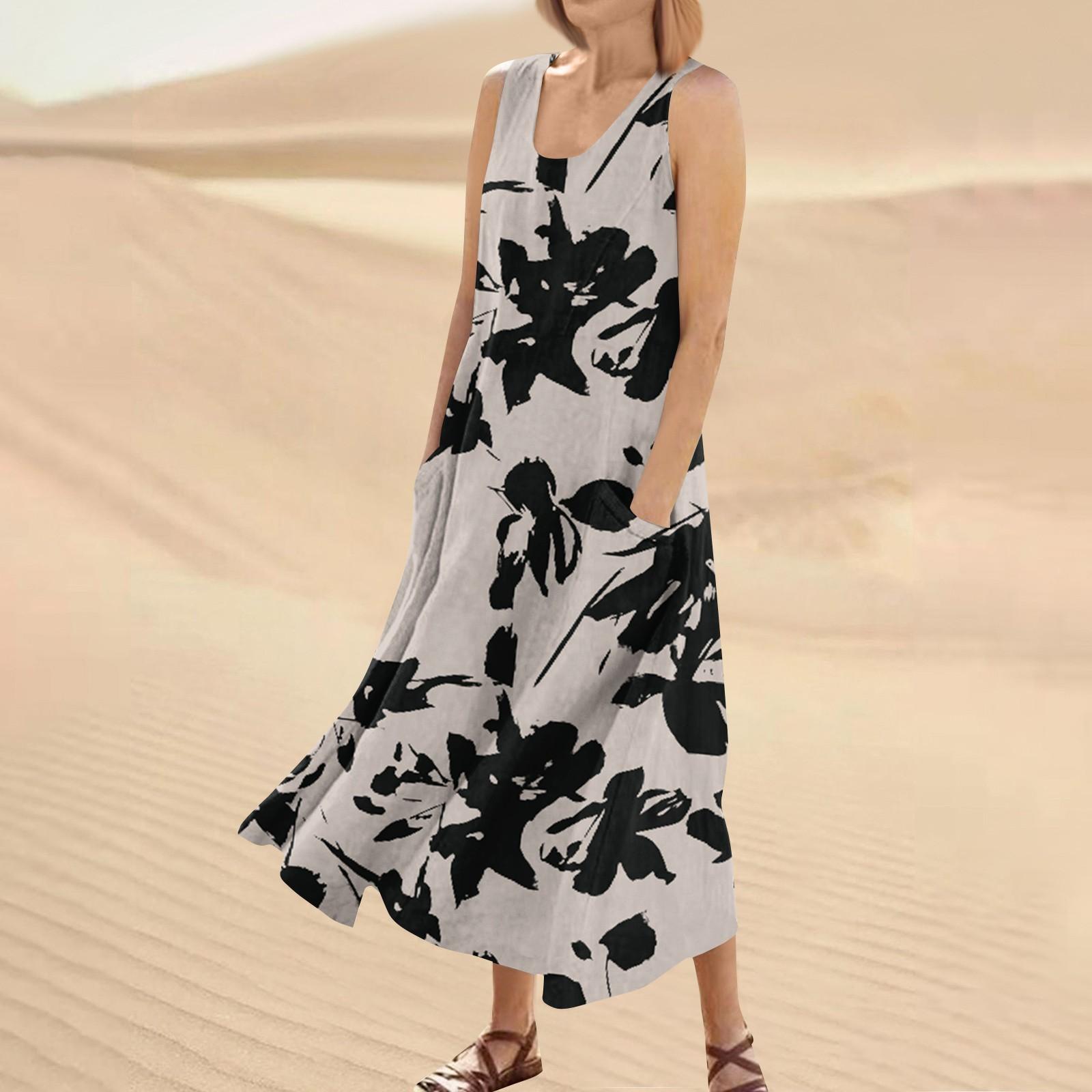 

Женское модное повседневное однотонное хлопковое льняное платье без рукавов с карманами M хаки