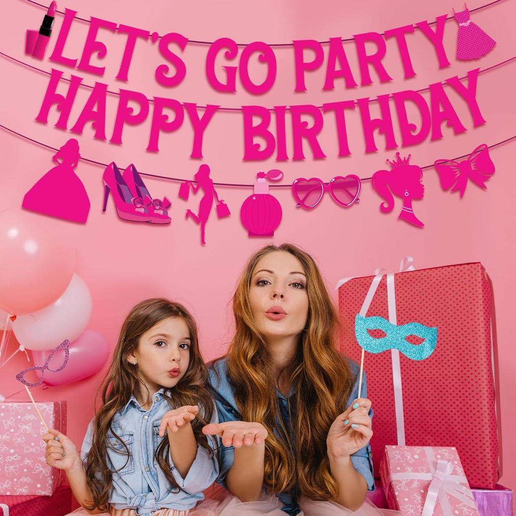 Let's Go Party Happy Birthday Banners for Women, Hot Pink Princess Banners for Girl Doll Theme Party Ladies Birthday, Cute Photo Backdrop, 21st Bday