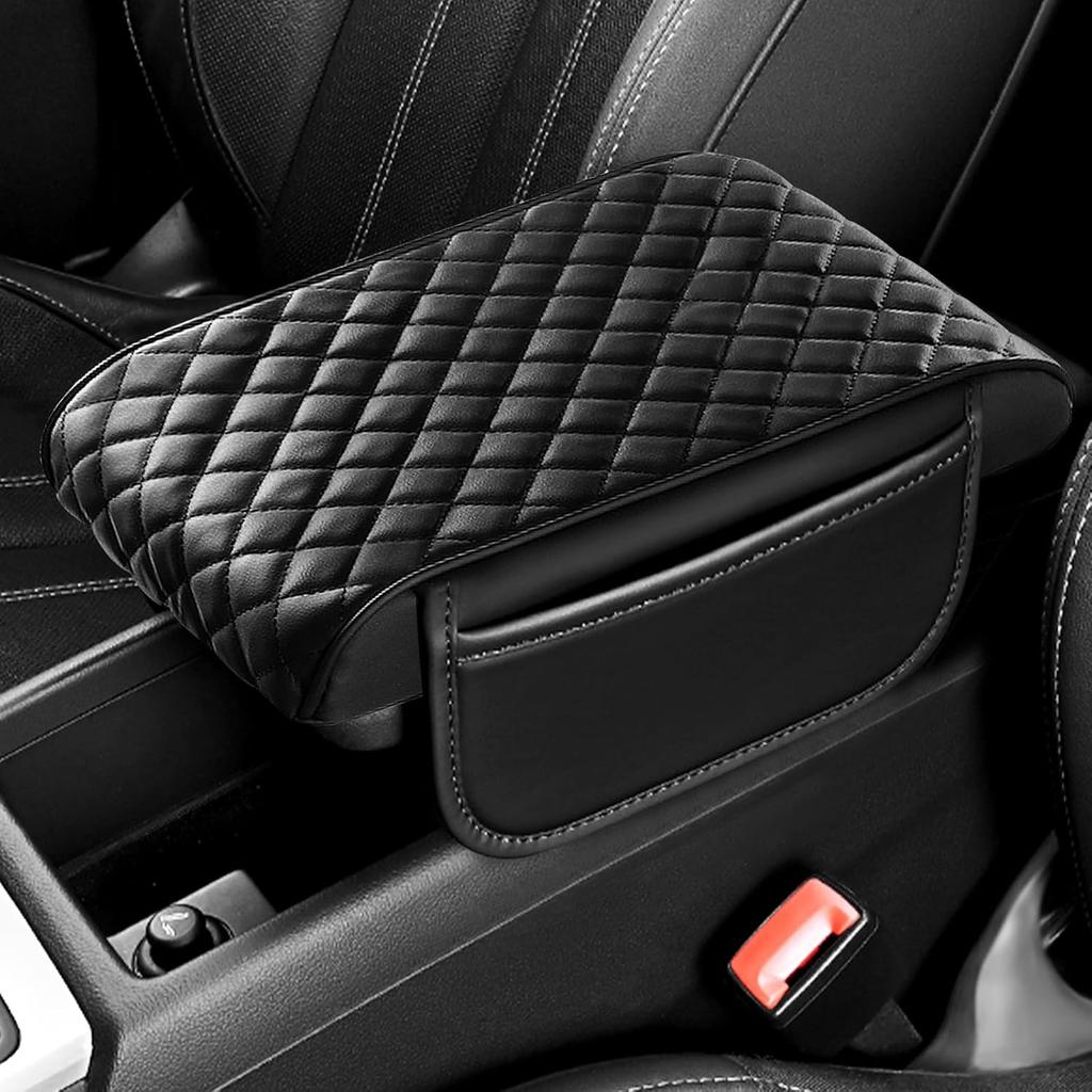 Thickened Car Center Console Cover Diamond Lattice Design,Soft Arm Rest Covers For Car With Storage Pockets,PU Leather Middle Console Covers Fit For