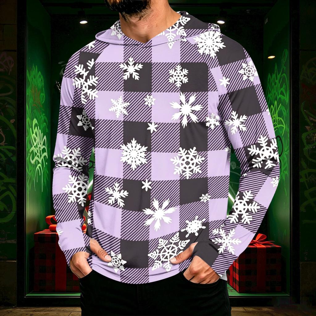 Men's Long Sleeve Hooded Sun Shirt with Christmas Print for Casual Daily Wear