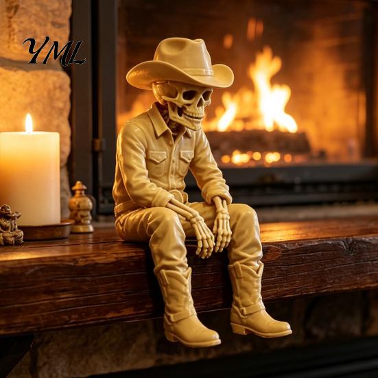 Unique Home Decorative Accents 3D Printed Western Cowboy Skeleton Figurine, Sitting Statue Edge Decor for Sitter, West Style Desktop Shelf Office