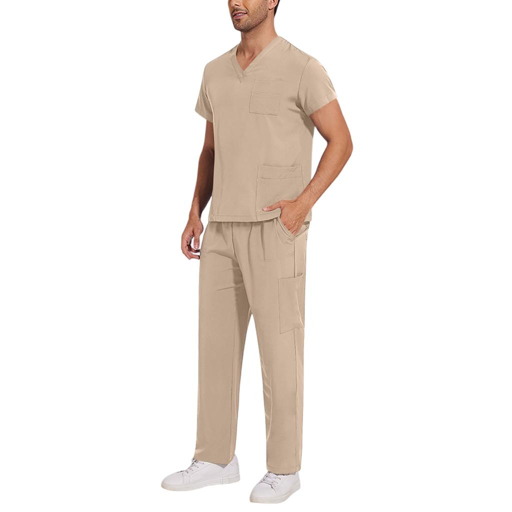 Soild Scrub Working Uniform Suit For Men's Cross V-Neck Short Sleeve Fun T-Shirts Workwear Tee With Pockets