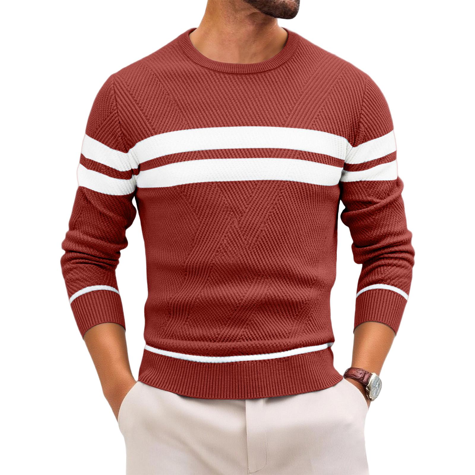 

Mens Striped Print Pullover Sweater Slim Fit Lightweight Neck Long Sleeve Jumper Sweaters XL червоний