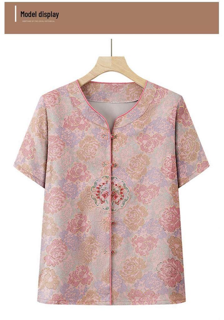 Mom's Chinese Style Summer Top Set: Short-Sleeved Shirt & Two-Piece Outfit for Middle-Aged and Elderly Women