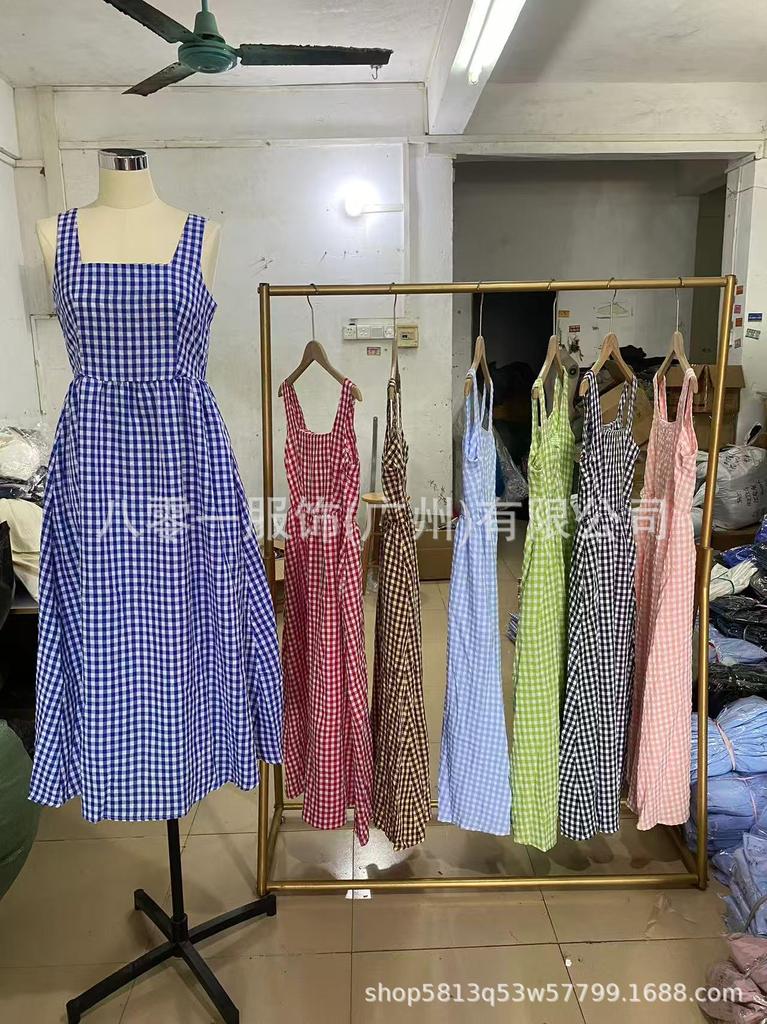 Women Square Neck Gingham Maxi Dress Sleeveless Spaghetti Strap Elastic Waist Flowy Long Summer Casual Dress