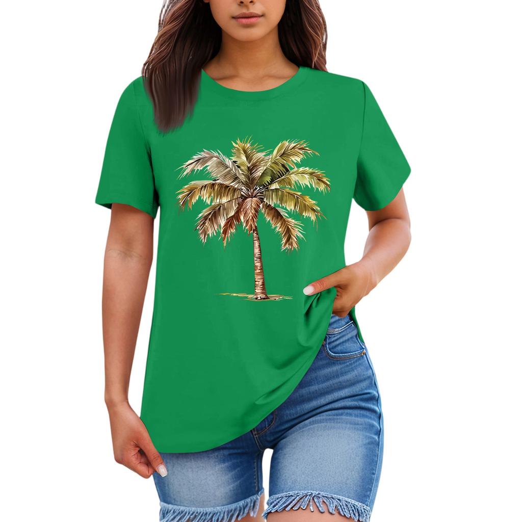 Ladies' Loose Comfortable Casual And Fashionable Hawaiian Plant Print Round Neck Short Sleeved Shirt