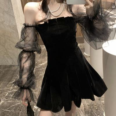 Temperament Mesh Bubble Sleeve Girl Czarna spódnica bez ramiączek Talia Bufiaste sukienki damskie