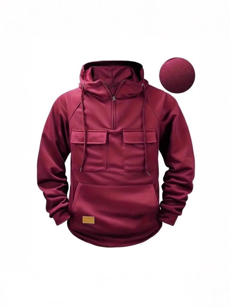Men's American Retro Fleece Hooded Sweatshirt - Autumn/Winter Multi-Pocket Pullover Jacket