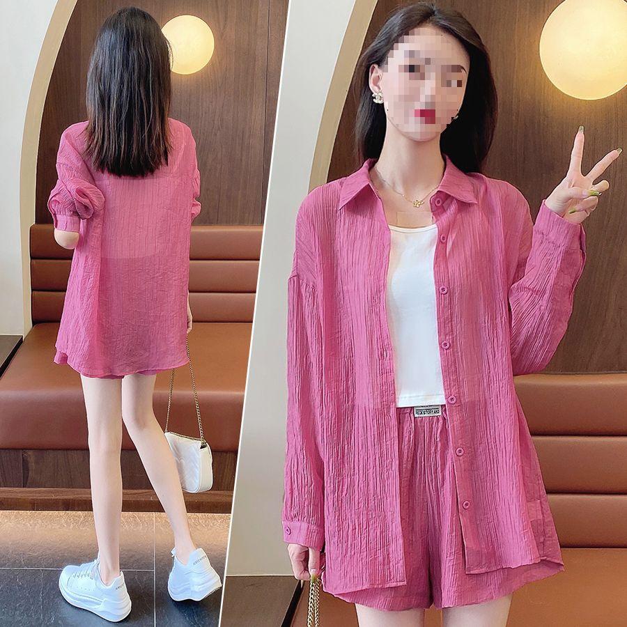 Chic Sun Protection Outfit: Women's Petite, Loose-Fit Three-Piece Set - Outer Shirt and Shorts for Summer