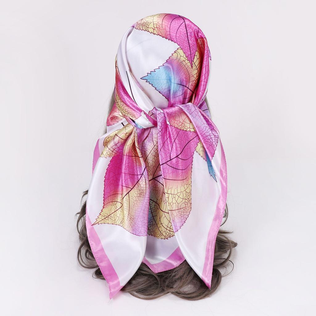 New Spring Silk Scarf Shawl Fashion Accessorries Muslim Women Head Scarf Elegant Leaves Pattern Square Scarves 90x90cm