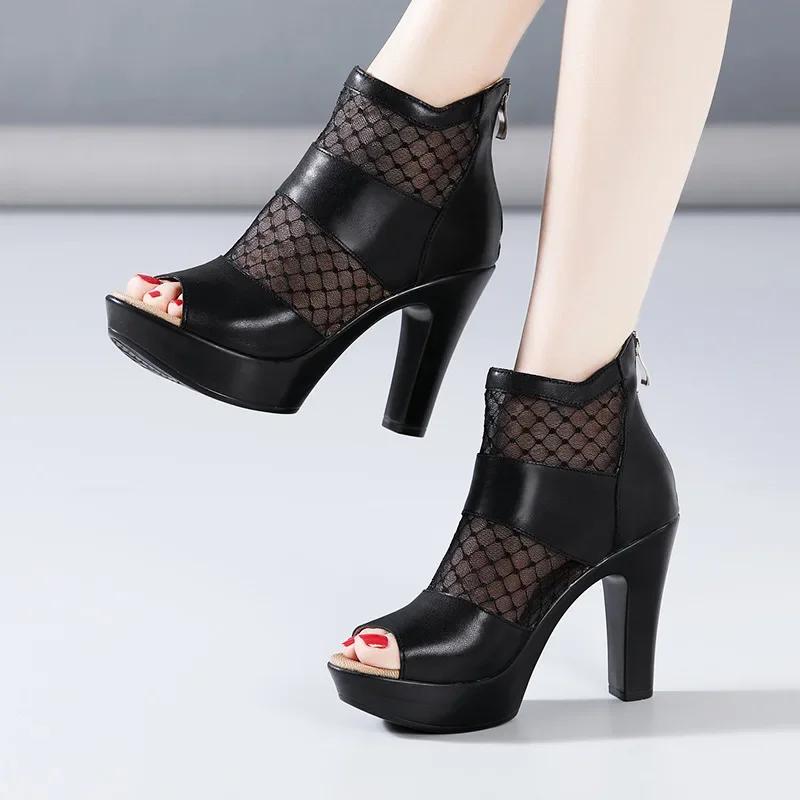 8cm 10cm Small Size 32-43 Mesh Leather Shoes Platform Sandals 2025 Summer Block High Heels Gladiator Sandals Office Model