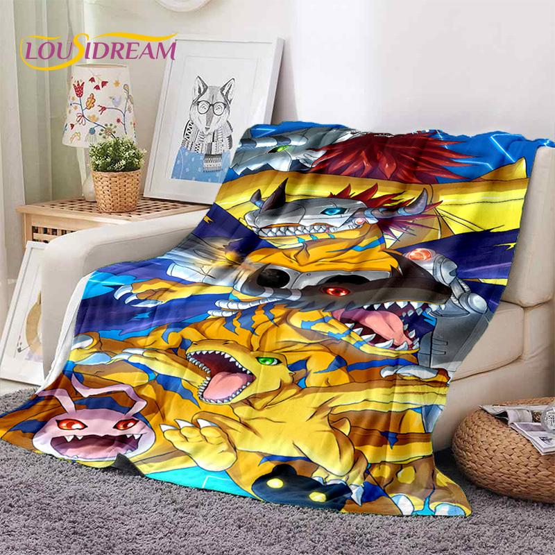 Retro Digimon Adventure Potwór Kreskówka Miękki Koc Flanelowy, Koc do Rzucania Wygodny Koc na Piknik Łóżka Kanapę Domowy Sypialnia