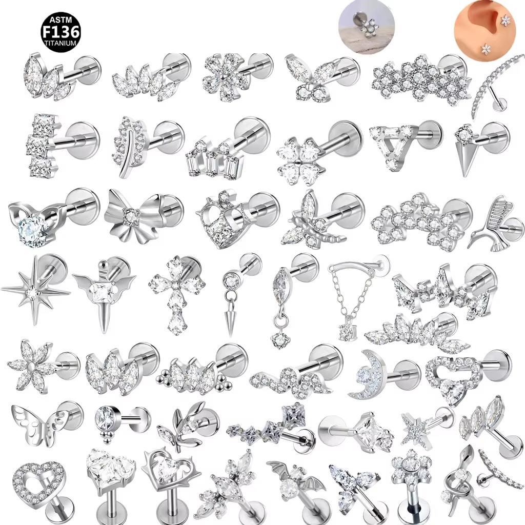 Hot Sale Body Jewelry: Titanium Labret Flatback Tragus Earring Stud Internal Thread Zircon Rings