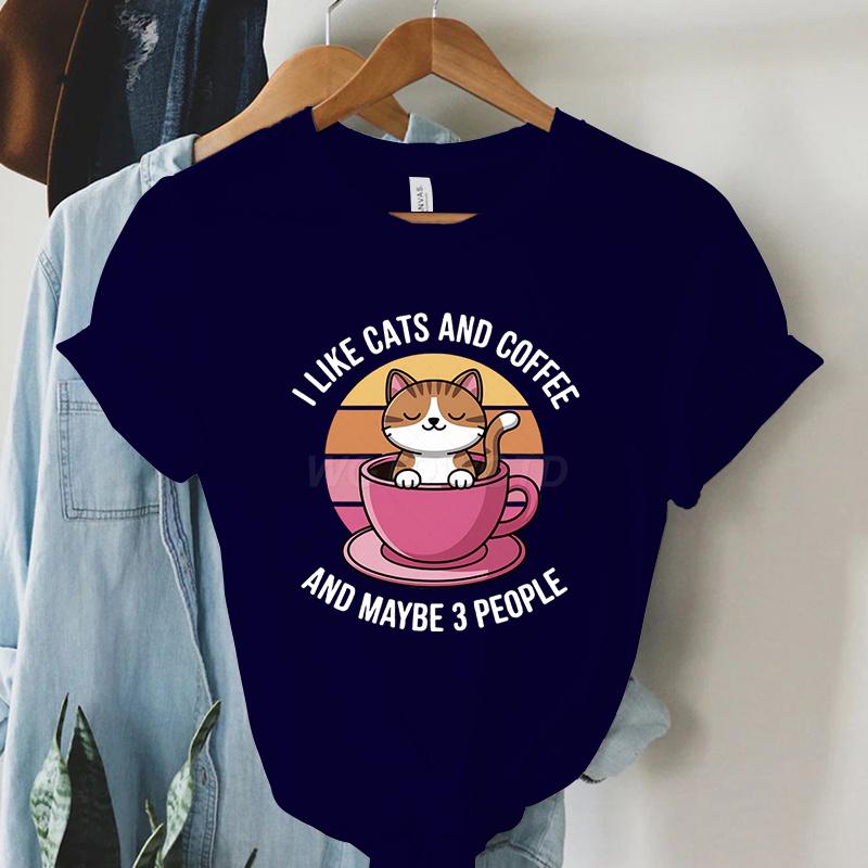 Kawaii Cat Coffee Lover T Shirt I Like Cats and Coffee Classic Top Tees Crew Neck Summer Clothes Coffee Lover Gift Cat Mom Shirt