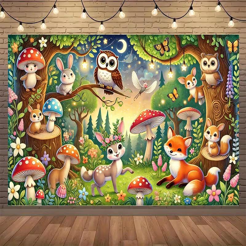 2D Magischer Wald Hintergrund, Niedliche Tiere & Leuchtende Nachtszene Kulisse
