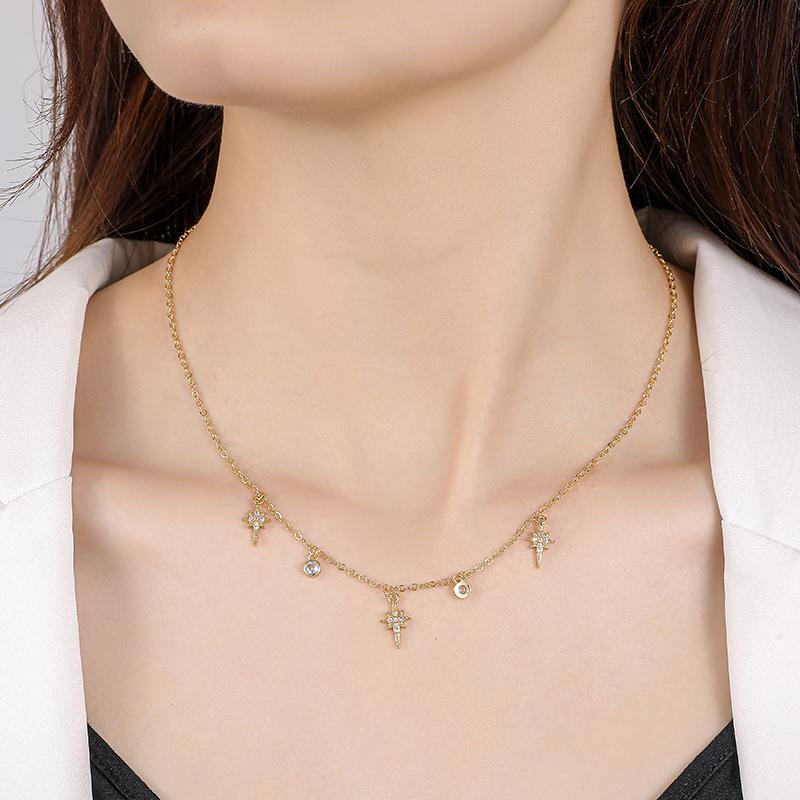 ANENJERY Funkelnde Stern Anhänger Halskette aus Zirkonia für Damen Gold Silber Farbe Verstellbare Kette Quaste Choker