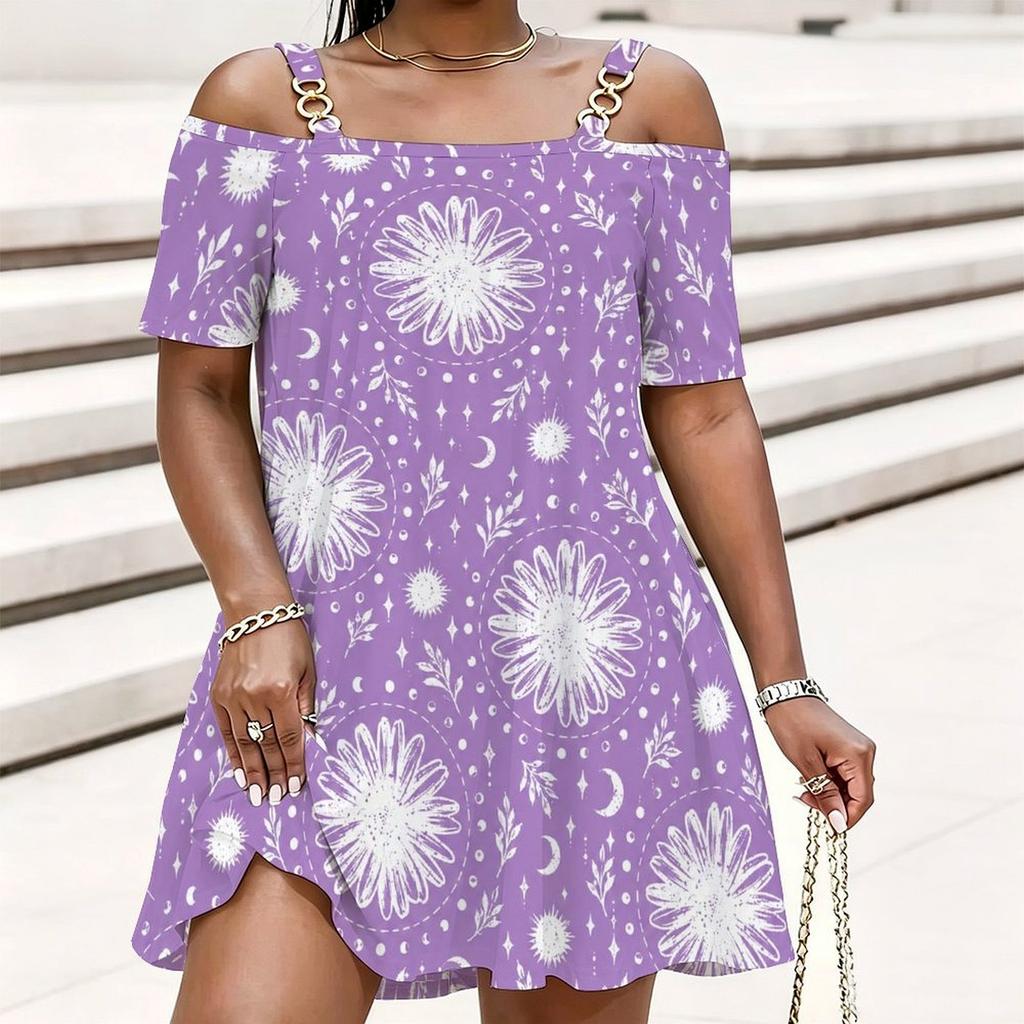 Women Plus Size Cold Shoulder Chain Straps Short Sleeve Smiley Face Printed Pink Loose Dress
