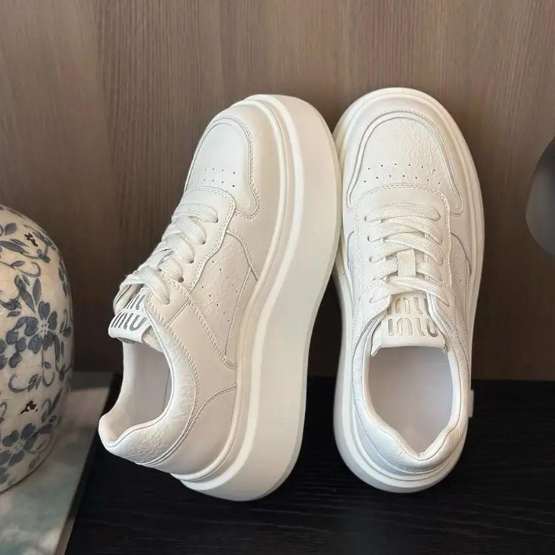 

Модные и простые кожаные туфли на толстой подошве, новинка осени, на шнуровке, повседневные, кеды 40 белый