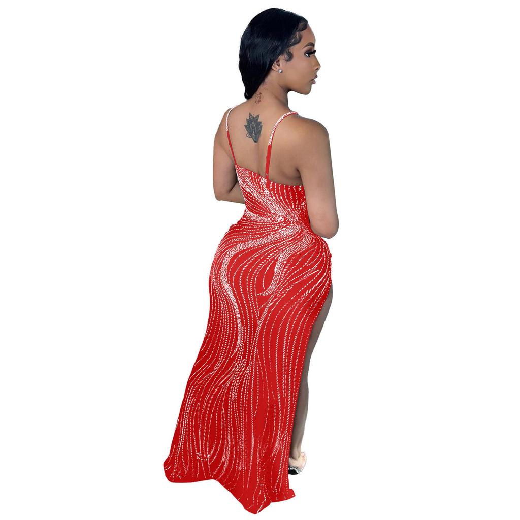 European & American Rhinestone Bodycon Spaghetti Strap Slit Dress for Nightclubs