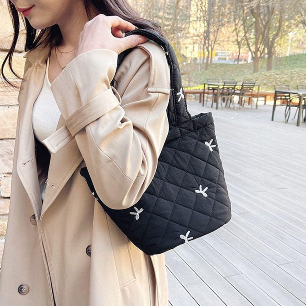 Fashion Nylon Bucket Bag Ins Style Portable Handbag Bow Embroidered Jacket Bag Outdoor Activities