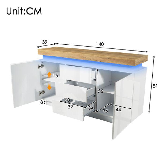 Commode - MUVOE - 81 X 140 X 39 Cm - Éclairage LED - 3 Tiroirs - Blanc Brillant