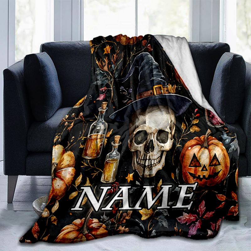 1PC Custom Name Halloween Witch Skull Art Outdooor Flannel Blankets Throw Blanket All-Season Throw Gift Bedspread for Couch, Bed, Camping Holiday Birt
