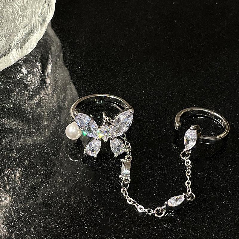 Double Finger Chain Rings For Women Ring Set Tassel Butterfly Zircon Crystal Rings Jewelry Fashion Hiphop Jewelry 1PC