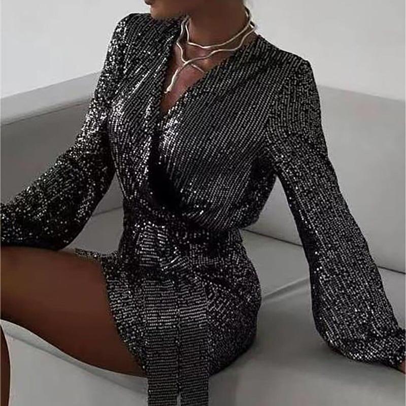 Dámská móda Flitrované dlouhé rukávy Spojené šortky Jednobarevné Sexy hluboký výstřih do V Pás Dekorační šortkový oblek Párty Sukně