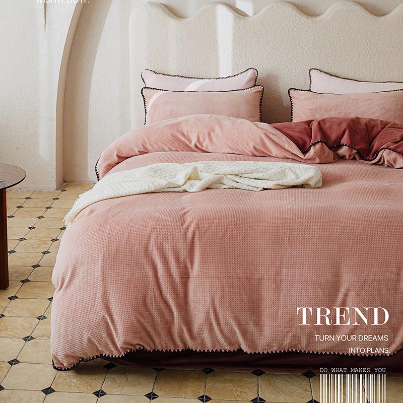 Nordic Light Luxury Coral Fleece Winter Bedding Set - Milk Velvet Waffle, Double-Sided Duvet Cover and Bed Sheet