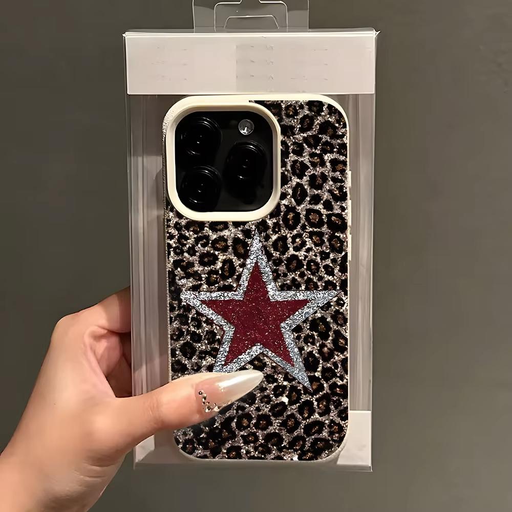 Leopard Print And Glitter Star Phone Case For iPhone 17 Pro Max 16 Plus 15 Pro 14 13 12 11 XR 17Air Lychee Textur Soft Cover