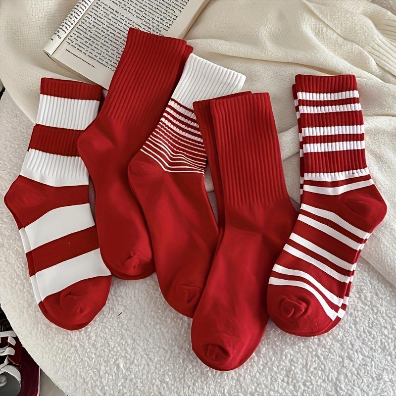 5 Pares de Calcetines Festivos a Rayas Rojas hasta la Rodilla, Tejido Térmico Cómodo, Lavables a Máquina, para Parejas