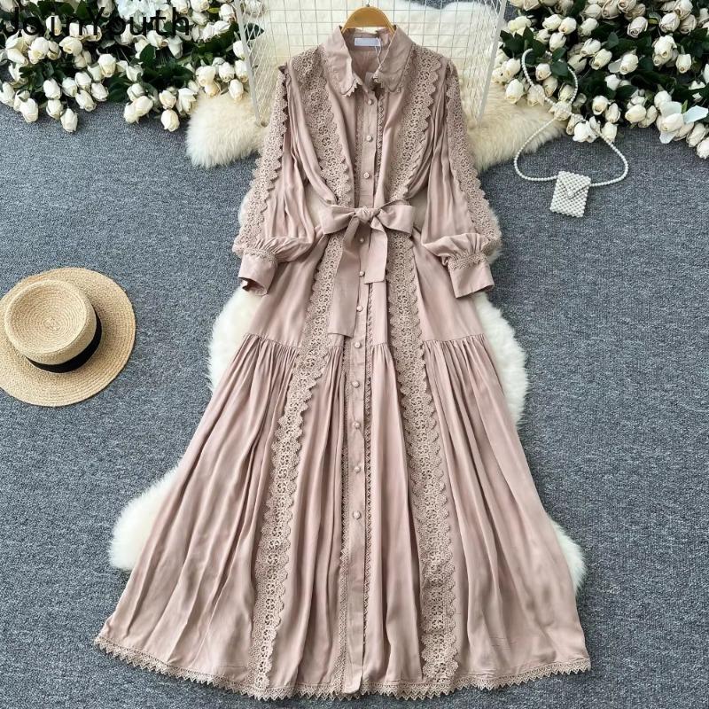Vintage Damkappa Nedvikt Krage Lykta Ärm Klänning Spets Bandage Rosett Slim Fit Stor Sväng Maxi Klänningar Elegant Vestido Femme