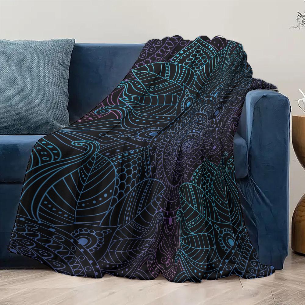 Black Floral Psychedelic Mandala Pattern Blanket - Neon Blue Purple Geometric Throw For Teens Girls Room Decor