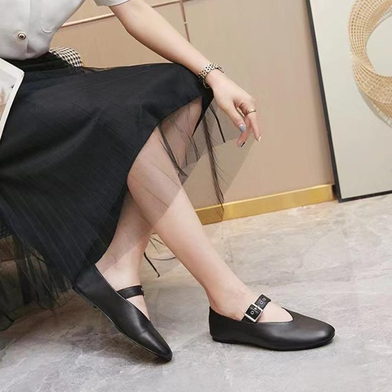 Ins style Soft Leather Rivet Strap Buckle Women Ballet Flats Spring Autumn Mary Janes Comfortable Walking Loafers Shoes