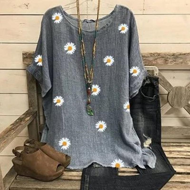 

Европейская и американская летняя женская рубашка с коротким рукавом и круглым вырезом в стиле ретро с цветочным принтом, футболка S серый
