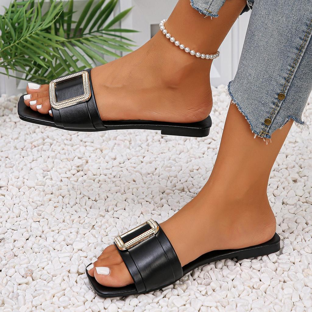 Fashion Women's Flat Slippers Summer Square Toe Women Flats Flip Flops Designer Ladies Slides Sandals Women Shoes Luxury Sandals