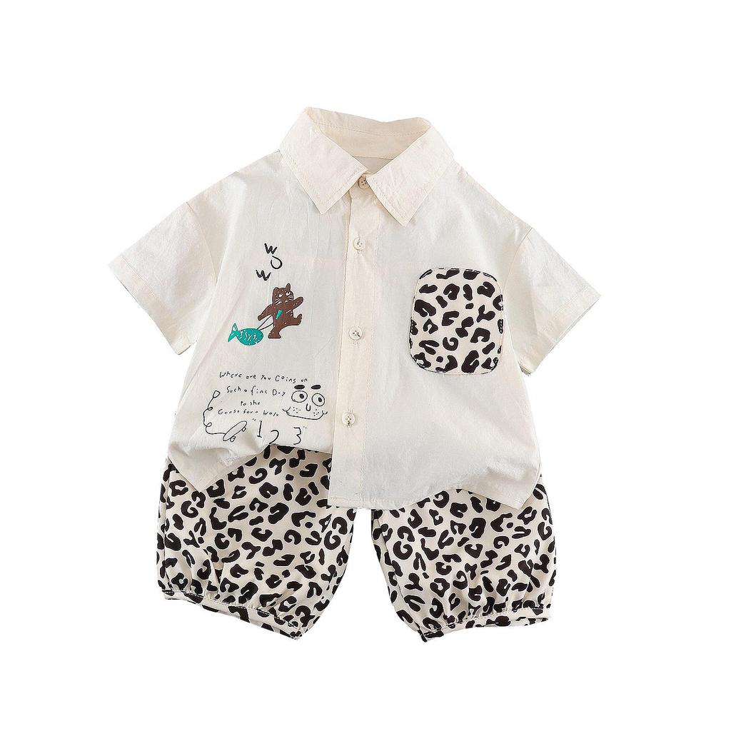 Boys' 2026 Summer Leopard Print Shirt & Pants Set – Stylish Short-Sleeve Two-Piece Outfit
