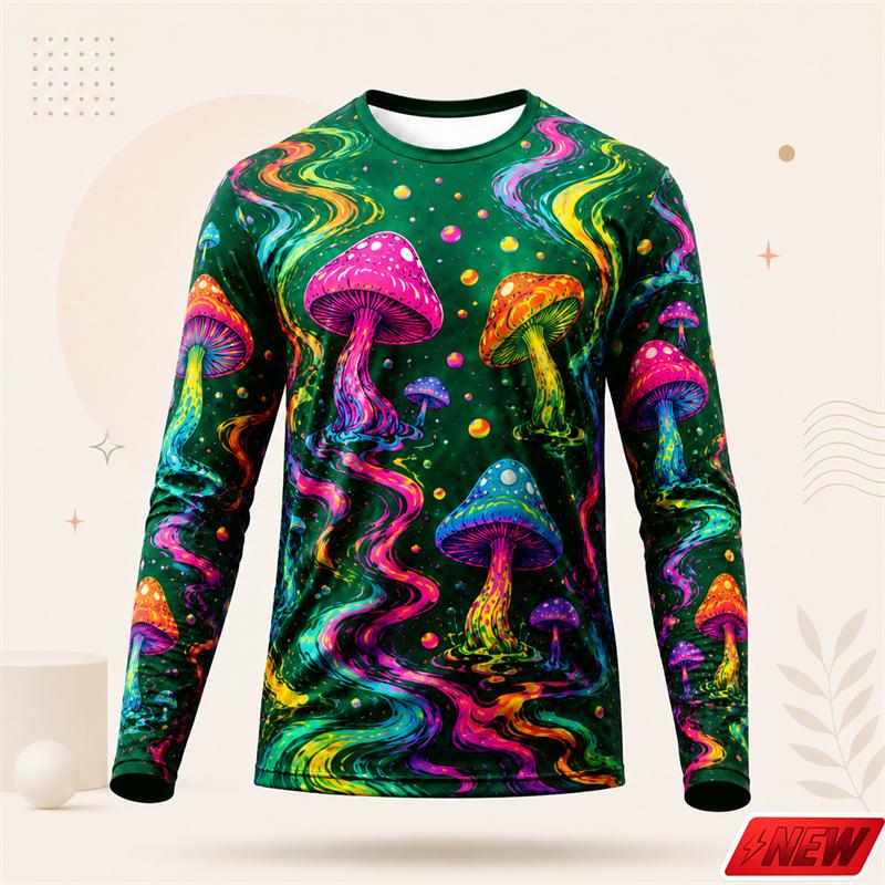 Trippy Psychedelic Mushroom Galaxy Pattern Long Sleeve T Shirt Men 3d Print Colorful Graphic Top Harajuku Street Casual New Tee