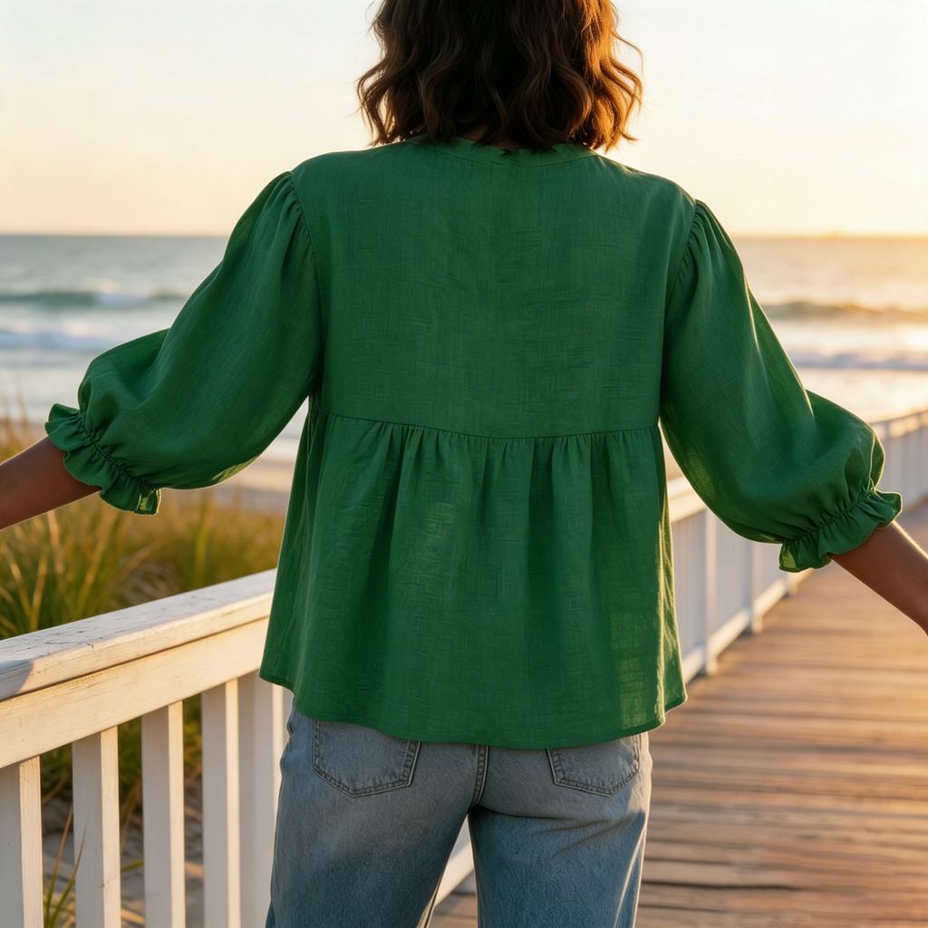 Women's Button Front Blouse Linen Cotton Blend Balloon Sleeves Puff Sleeve Top Casual Loose Fit Shirt