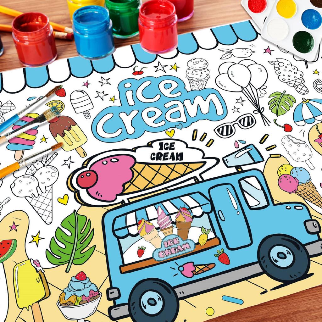 Paper Table Cloth For Coloring, Creative Children's Activities,Summer Party Children's Ice Cream Painting Coloring Poster, Excluding Paintbrushes,