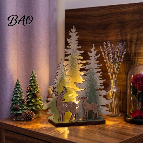 Festive Home Decoration Wooden Christmas Tree Table Decor with LED Light, Rustic Standing Sign Ornament Reindeer Santa Claus for Holiday Tiered Tray,