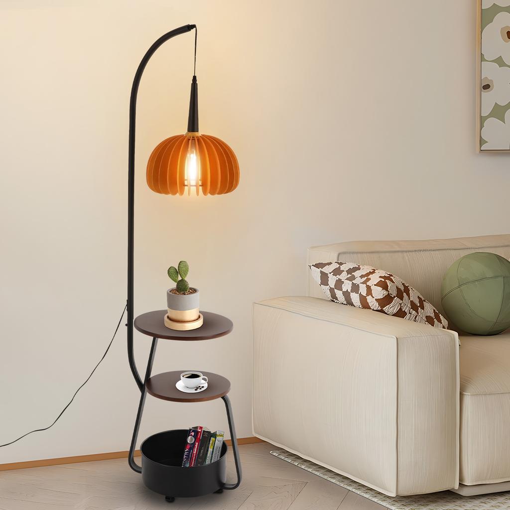 Vintage Industrial Floor Lamp, Modern Standing Light with 2 Trays & 1 Storage Bin, 110V for Living Room, Reading Corner Lamp