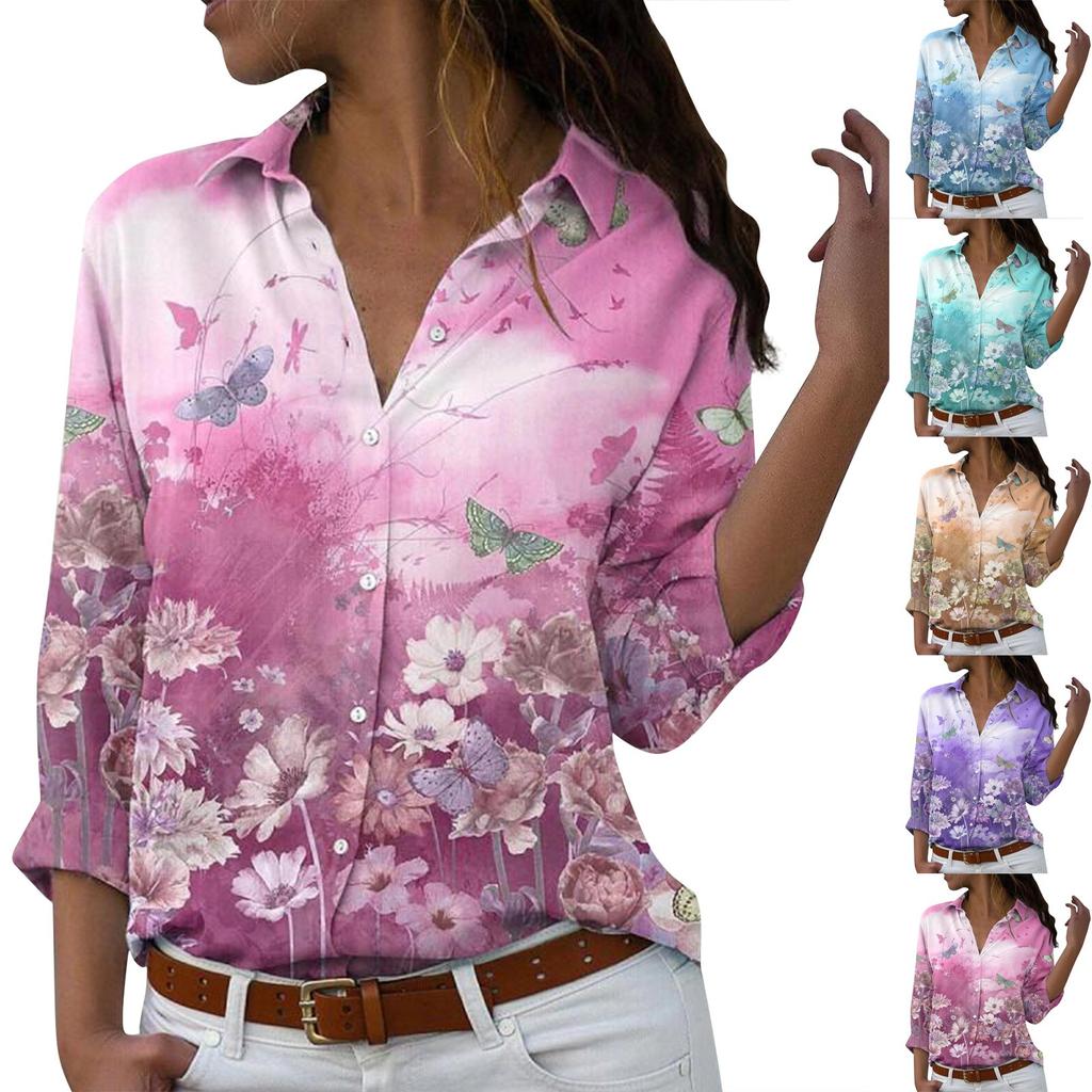 Fashion Women's Printed Button Lapel Long Sleeve Loose Casual Top Shirt