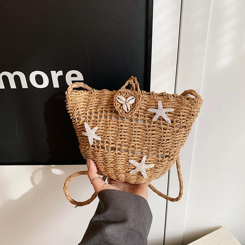 Shell Flower Decoration Design Woven Crossbody Bags Woman Y2K Harajuku Vintage Beach Vacation Style Handbag KTB