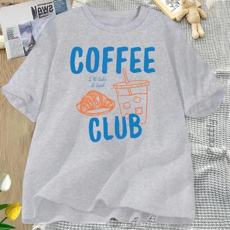 New Spring Womens Casual Round Neck Short Sleeve Coffee English Print TShirt Minimalist Design Versatile Daily Wear