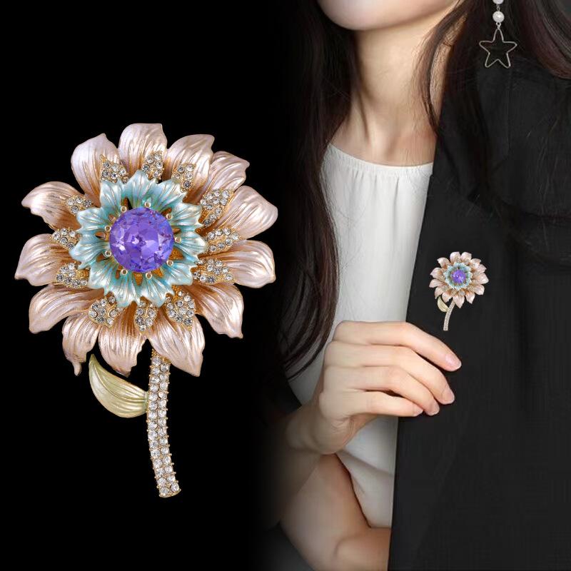 Metal Enamel Sunflower Brooch With Purple Crystal Rhinestone Corsage Pin Women Accessories