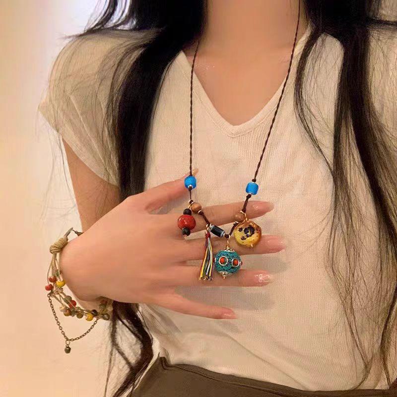 Ethnic Retro Tibetan-Style Lantern Necklace - Women’s Long Sweater Chain with Cotton Linen Accents