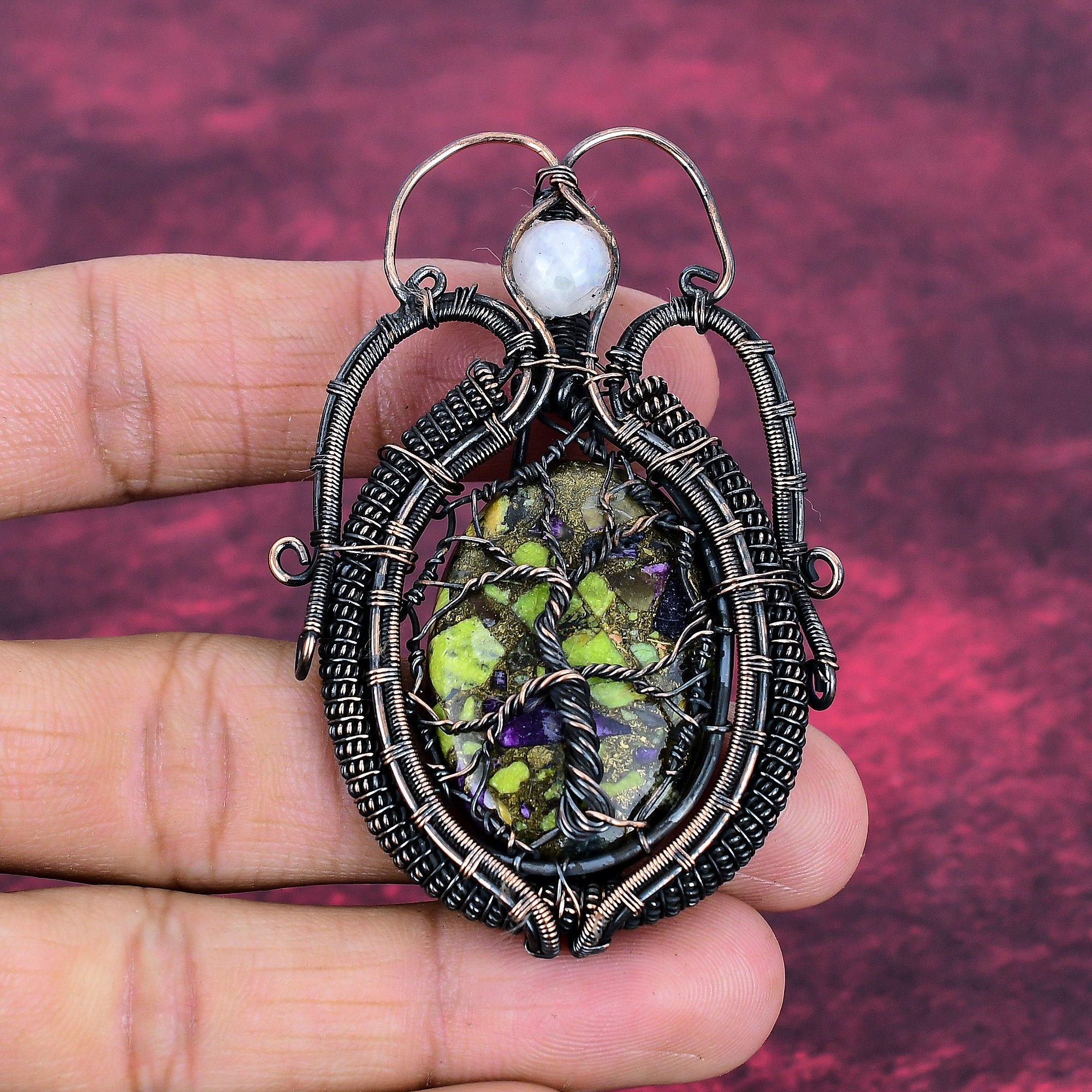 Tree Of Life Copper Stichtite Pendant Copper Wire Wrapped Pendant Rainbow Moonstone Jewelry