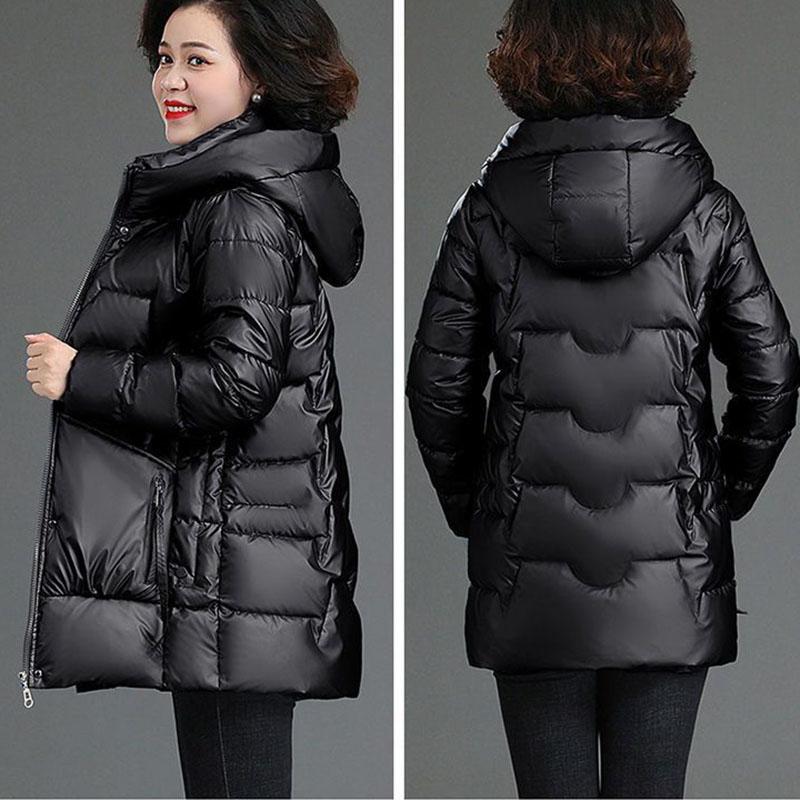 Winter Women's Shiny No-wash Padded Jacket   Mid-length Hooded Padded Coat