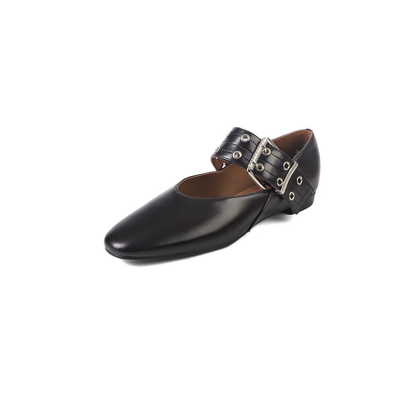 

College style fashion simple temperament single shoes re 2025 autumn new round head low heel rivet belt buckle small leather shoes 39 чорний